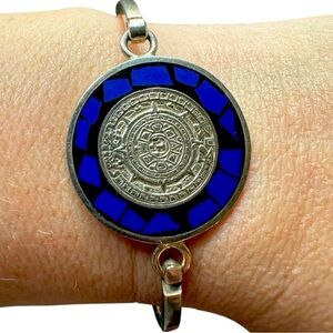 .925 Sterling Silver Taxco Bracelet – Aztec Calendar & Blue Lapis Inlay
